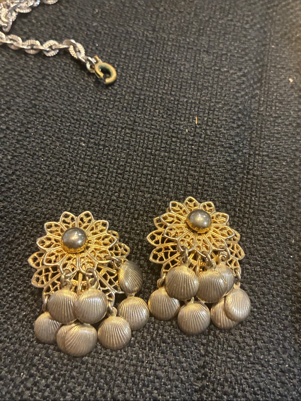Coro Gold and Silver Floral Dangle clip Earrings -